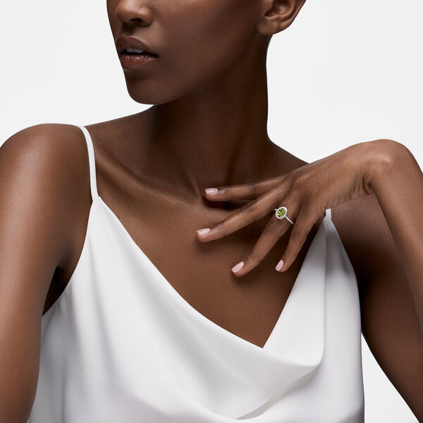 Oval-Cut Peridot Ring with Halo and Pav&eacute; Band